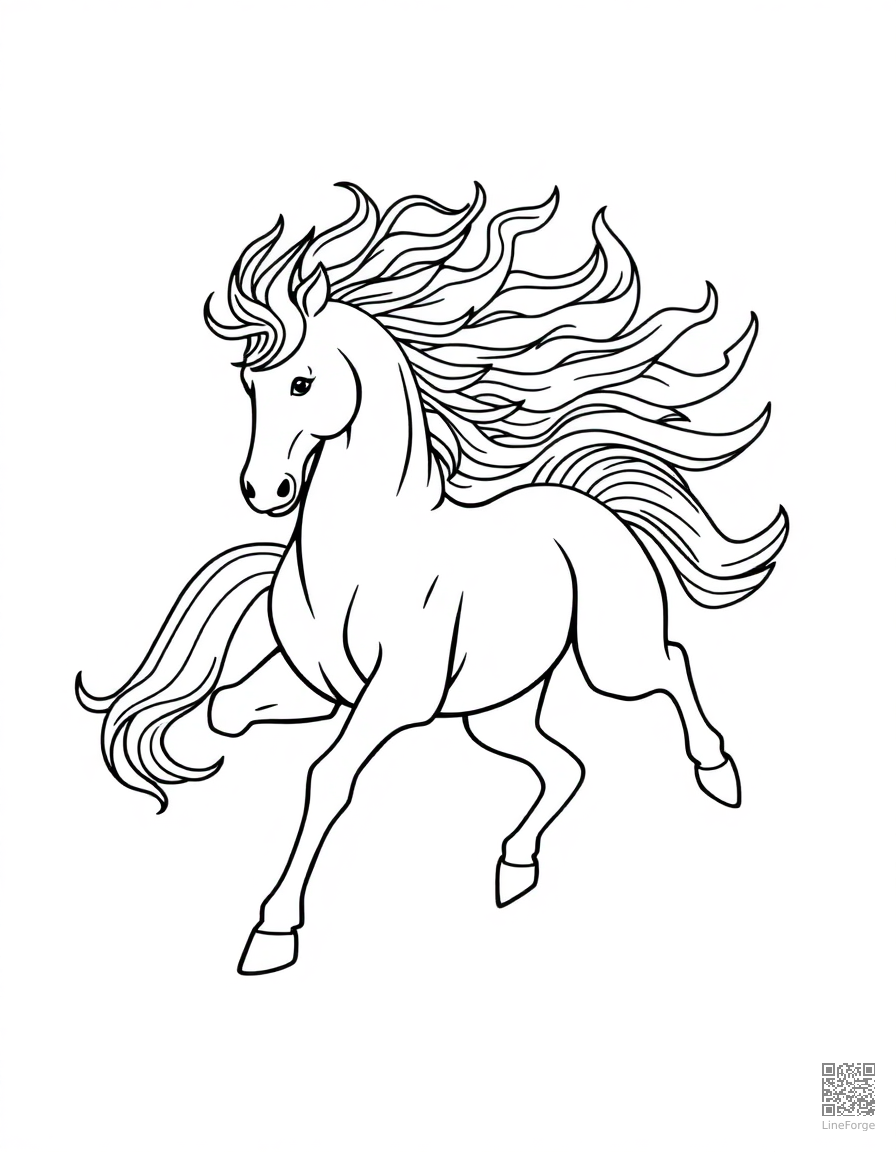 fire horse with flaming mane galloping coloring page Contour style - free printable