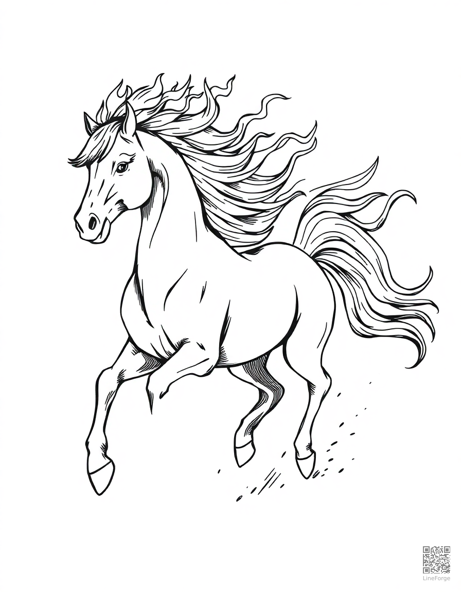 fire horse with flaming mane galloping coloring page Crosshatch style - free printable
