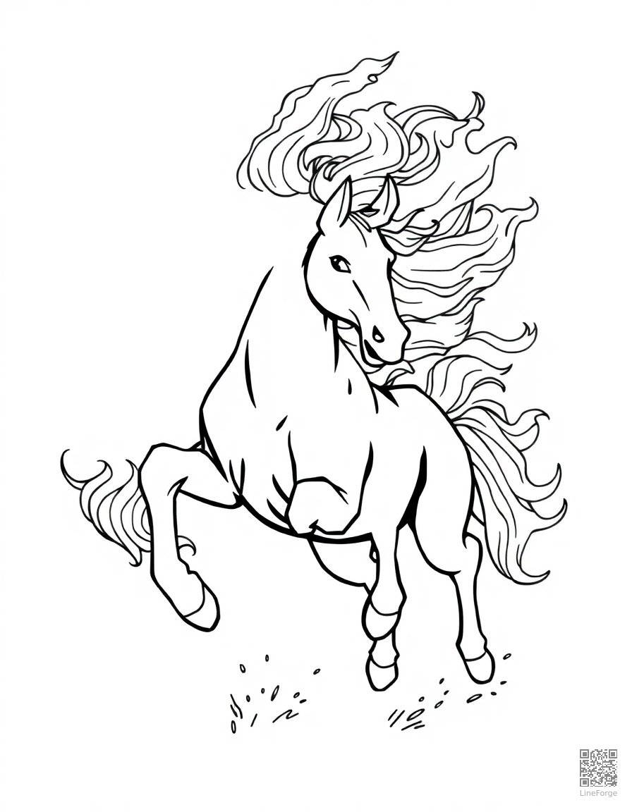 Free fire horse with flaming mane galloping coloring page in manga style — printable line art