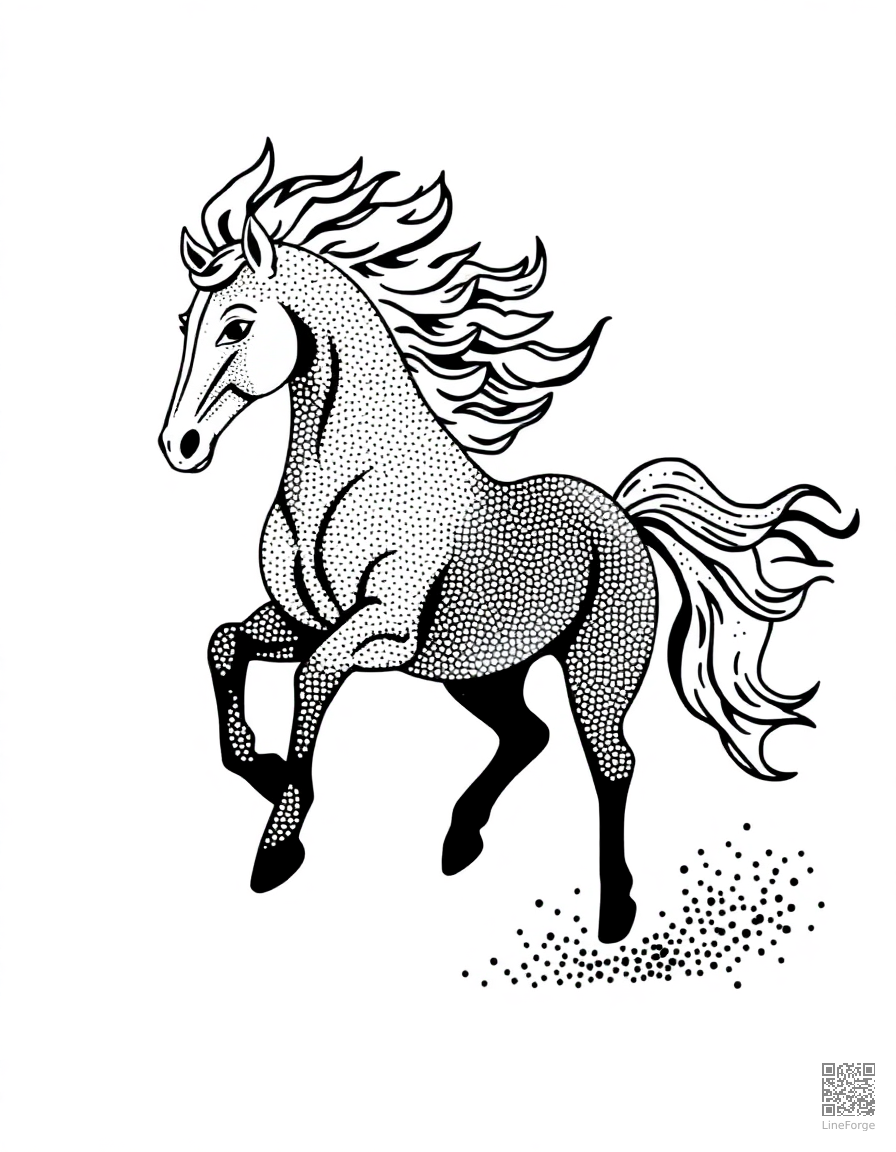 Free fire horse with flaming mane galloping coloring page in stipple style — printable line art