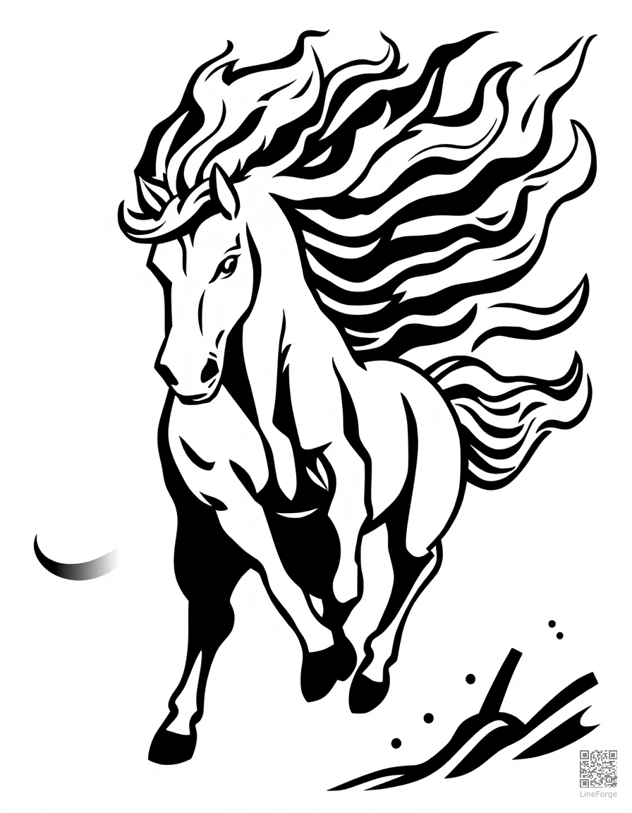fire horse with flaming mane galloping coloring page Woodcut style - free printable