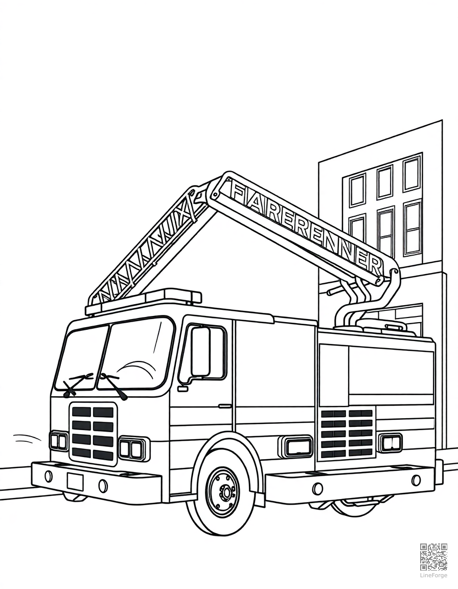 fire truck with ladder extended at a building coloring page Contour style - free printable