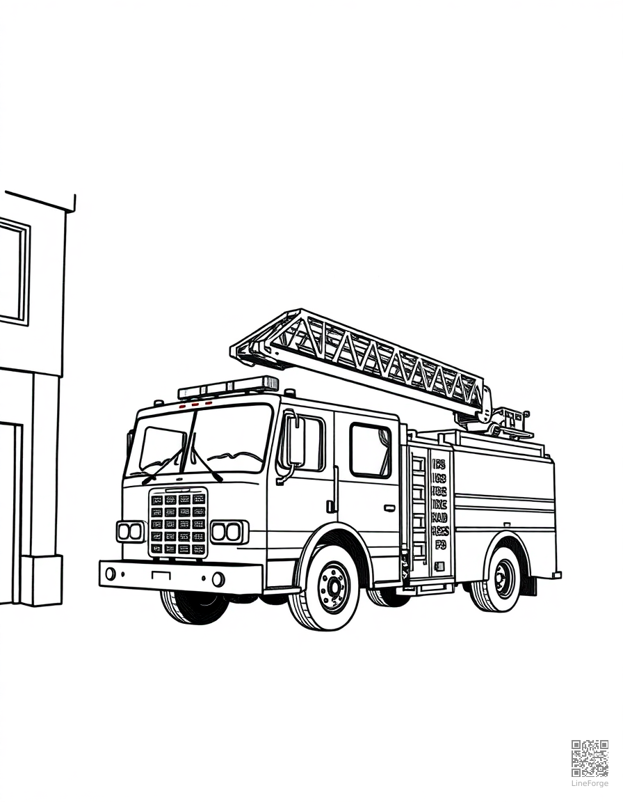 fire truck with ladder extended at a building coloring page Crosshatch style - free printable