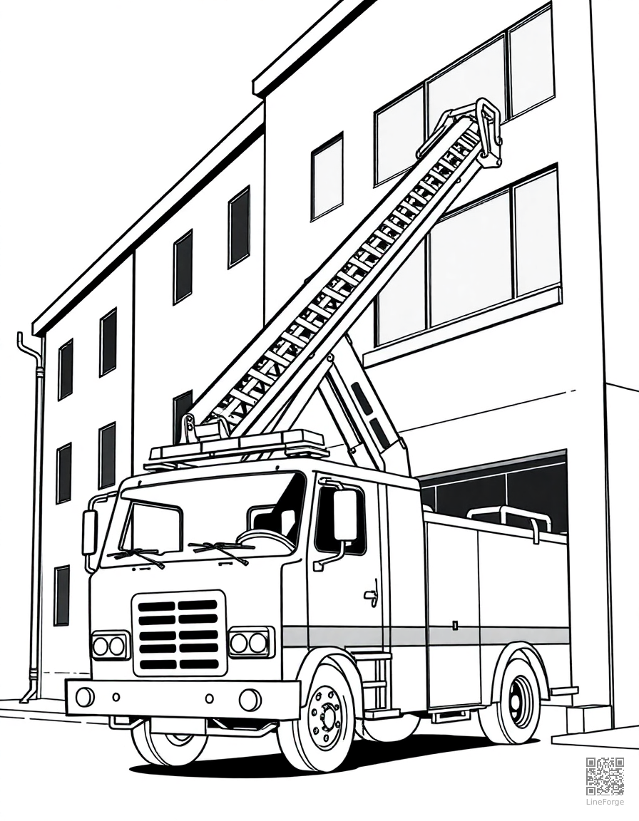 fire truck with ladder extended at a building coloring page Manga style - free printable