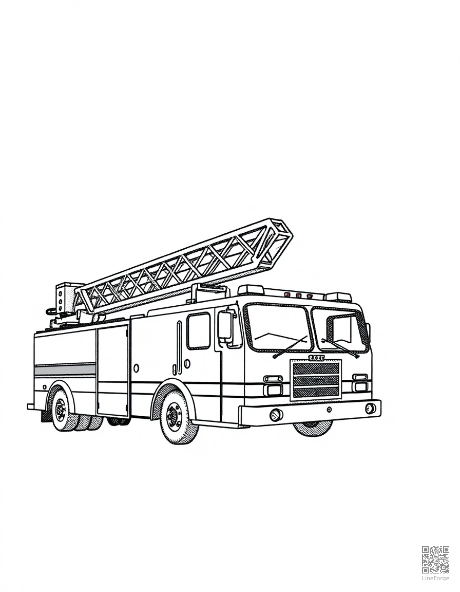 fire truck with ladder extended at a building coloring page Stipple style - free printable