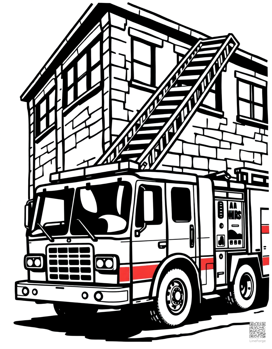 fire truck with ladder extended at a building coloring page Woodcut style - free printable
