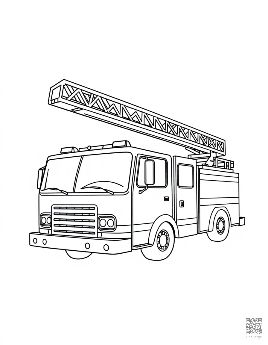 Free fire truck with ladder extended coloring page in contour style — printable line art