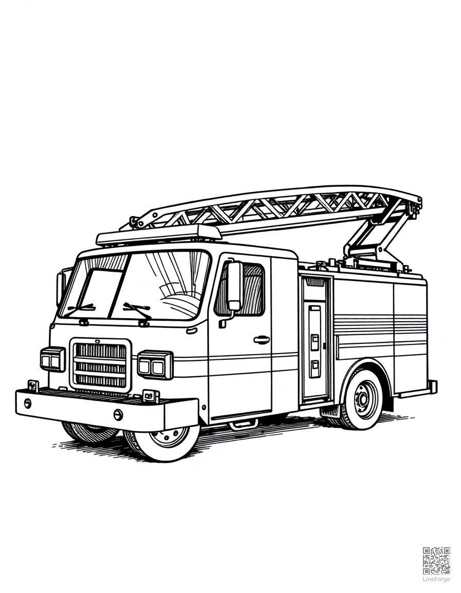 Free fire truck with ladder extended coloring page in crosshatch style — printable line art