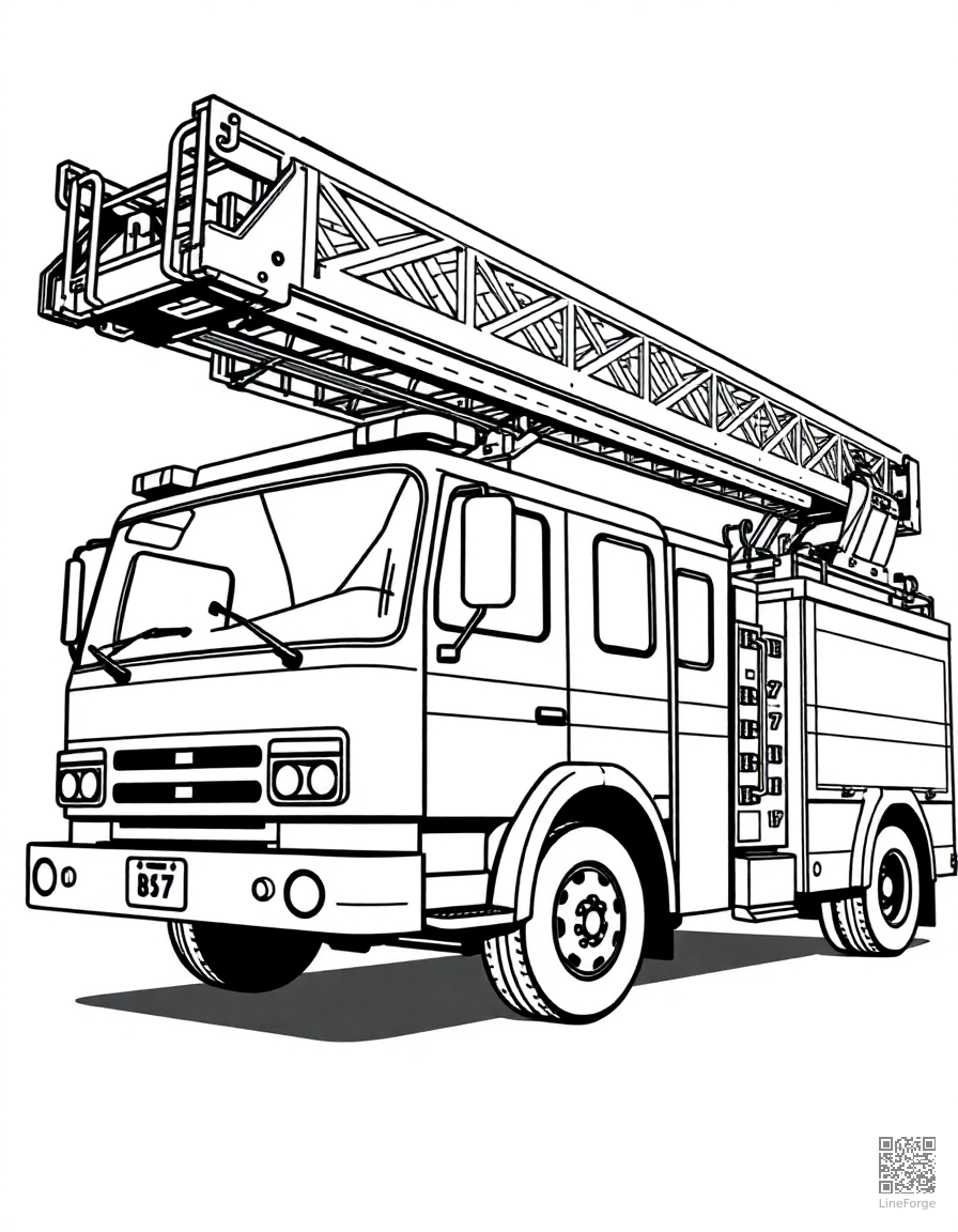 Free fire truck with ladder extended coloring page in manga style — printable line art