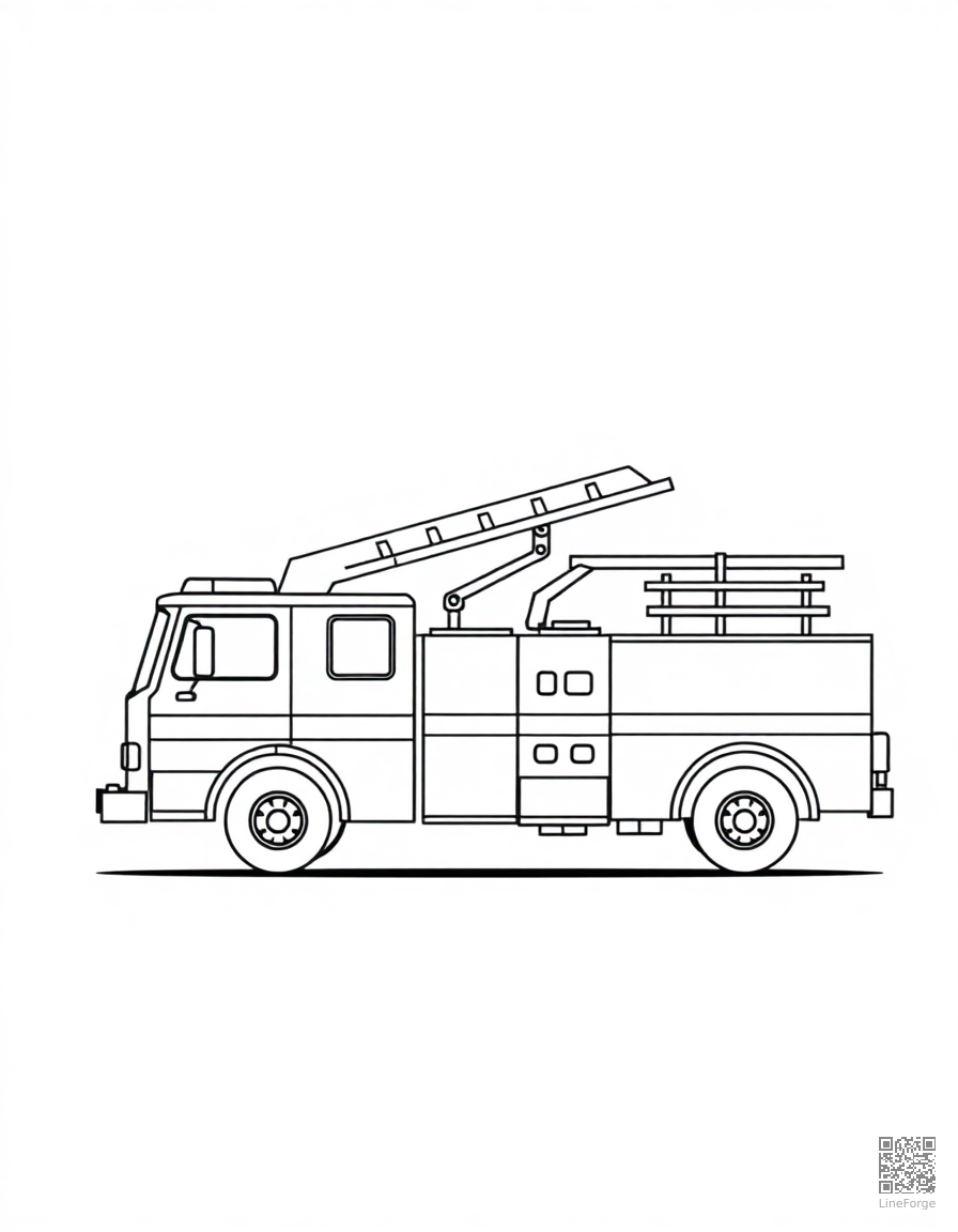 Free fire truck with ladder extended coloring page in minimal style — printable line art