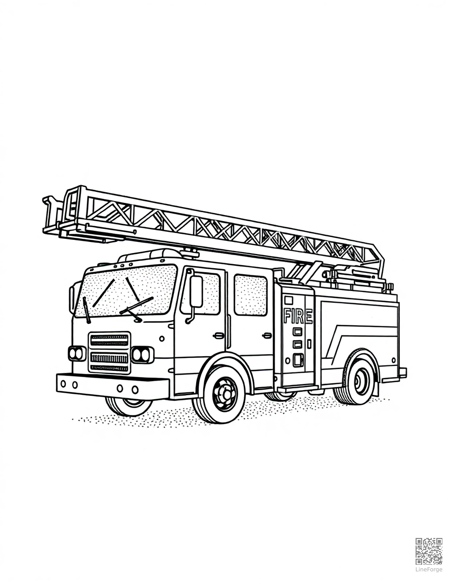 Free fire truck with ladder extended coloring page in stipple style — printable line art