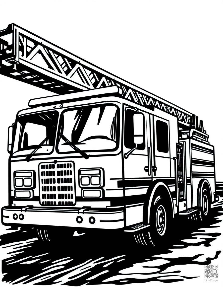 Free fire truck with ladder extended coloring page in woodcut style — printable line art