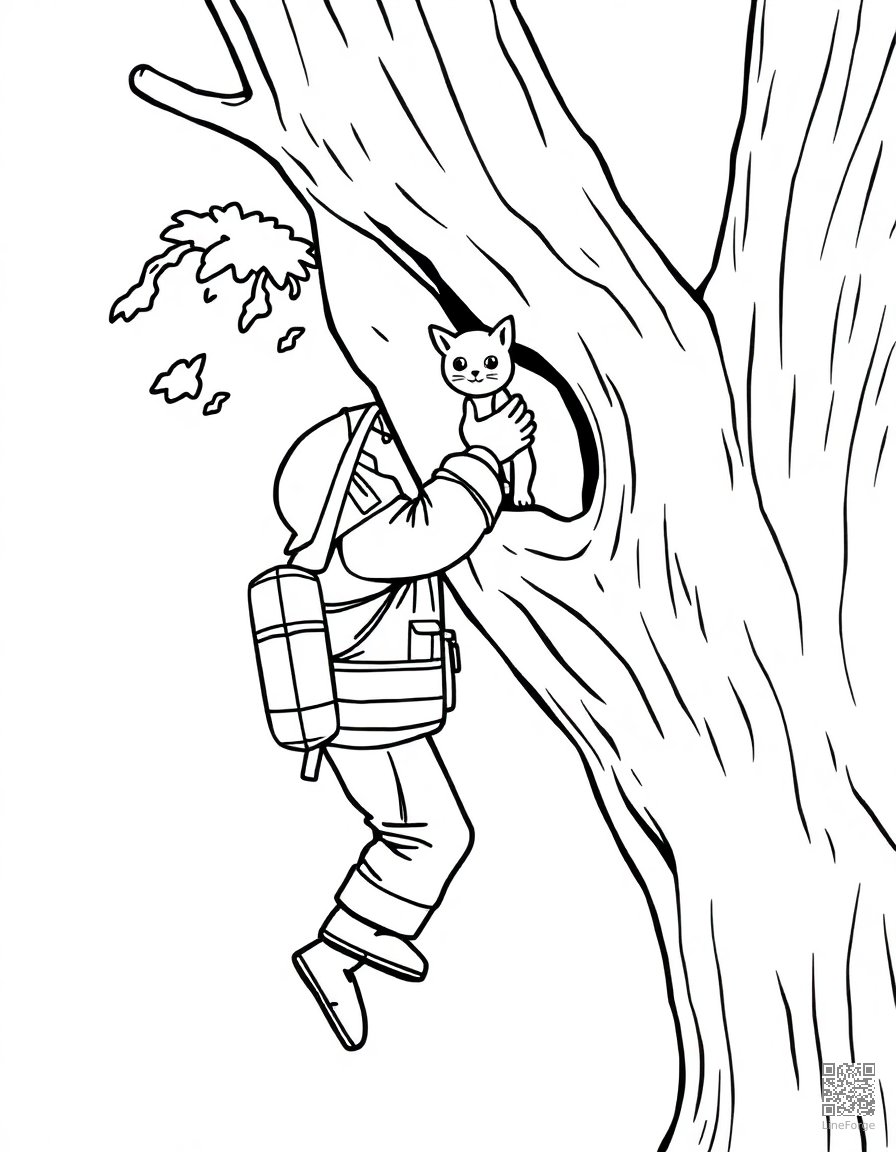 Free firefighter rescuing a cat from a tree coloring page in contour style — printable line art