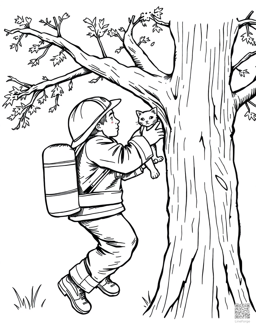 Free firefighter rescuing a cat from a tree coloring page in crosshatch style — printable line art
