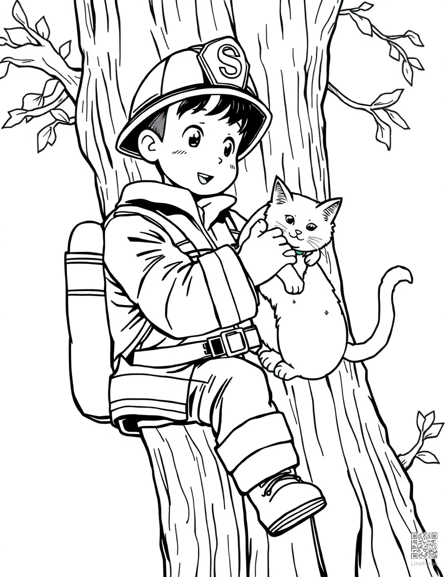 Free firefighter rescuing a cat from a tree coloring page in manga style — printable line art