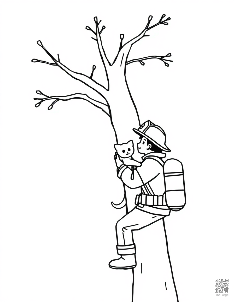 Free firefighter rescuing a cat from a tree coloring page in minimal style — printable line art