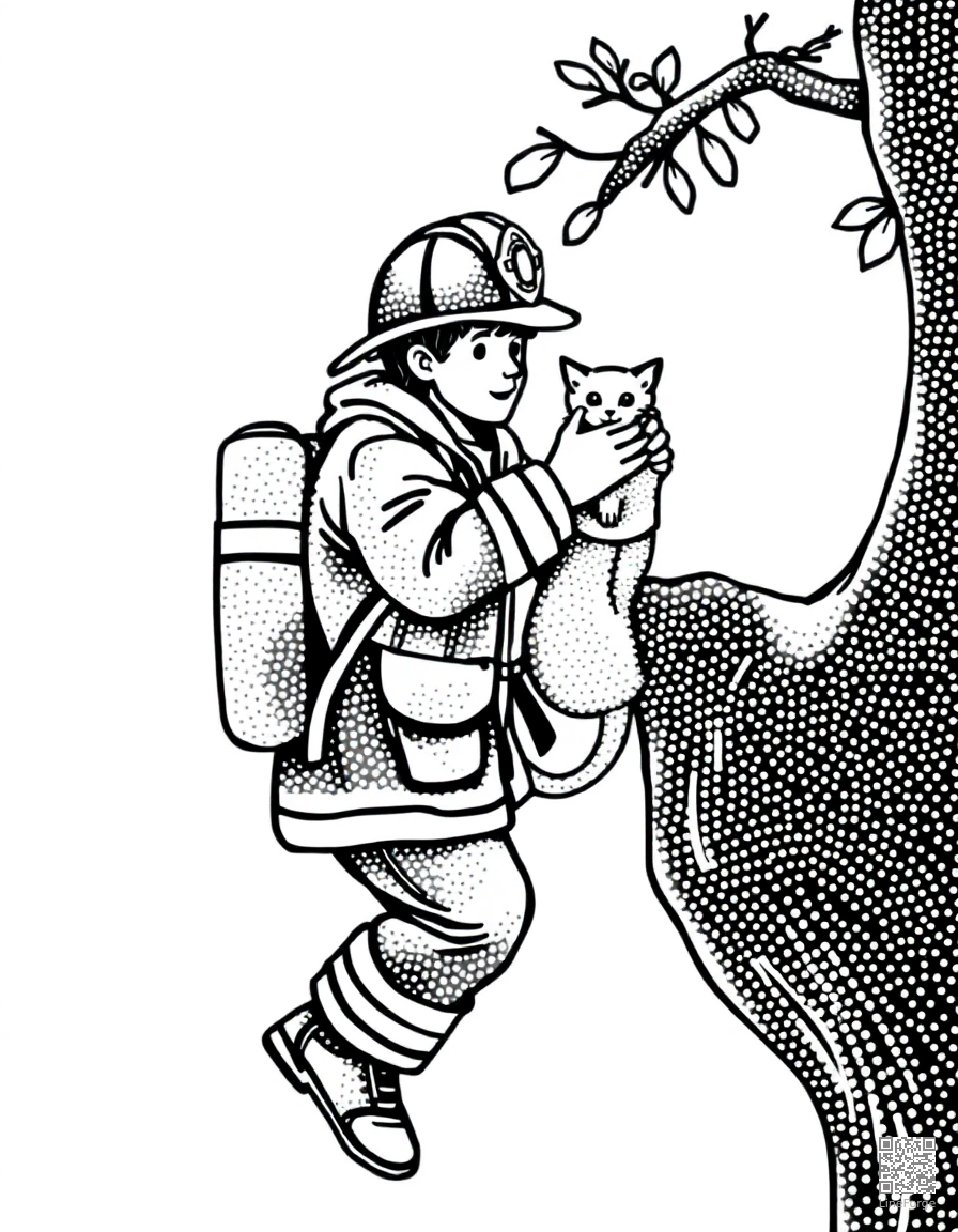 Free firefighter rescuing a cat from a tree coloring page in stipple style — printable line art