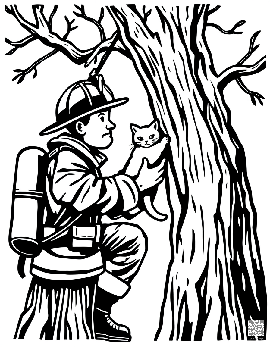 Free firefighter rescuing a cat from a tree coloring page in woodcut style — printable line art