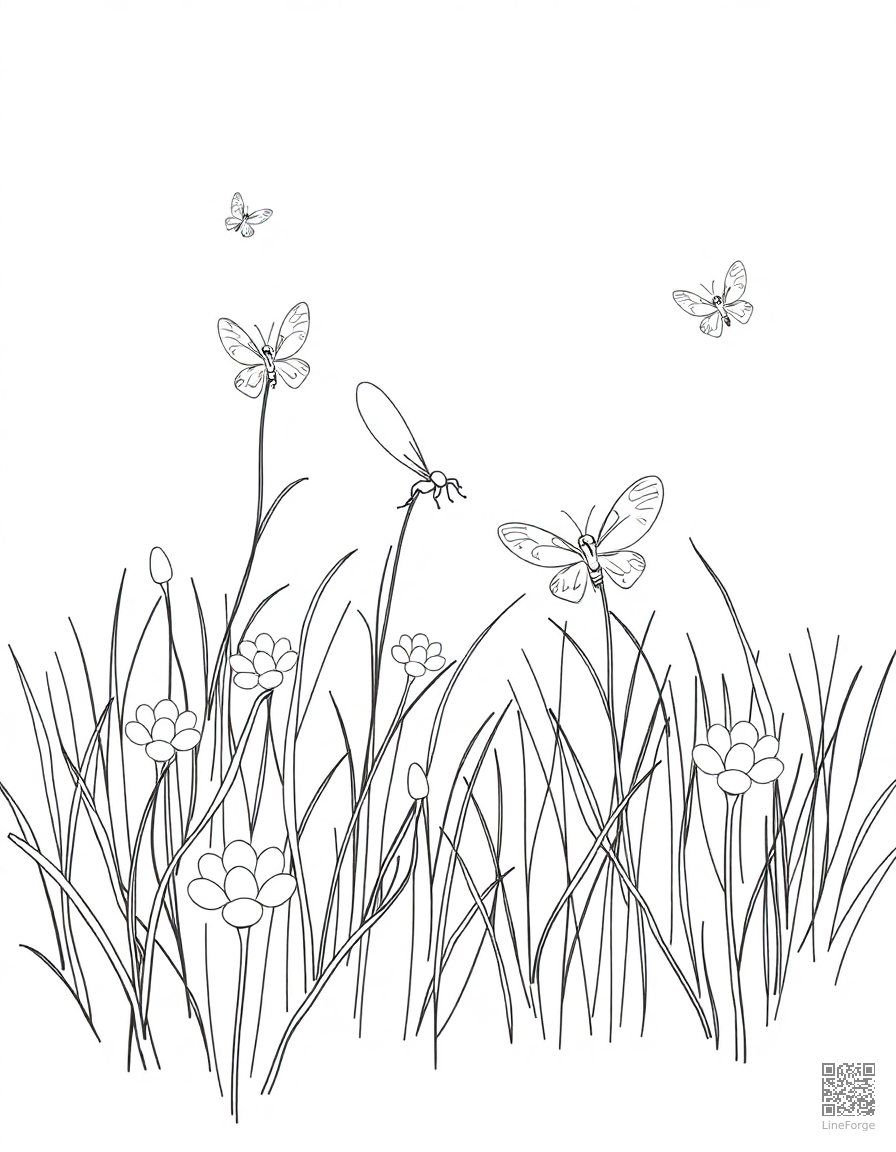 fireflies glowing in a summer meadow coloring page Contour style - free printable