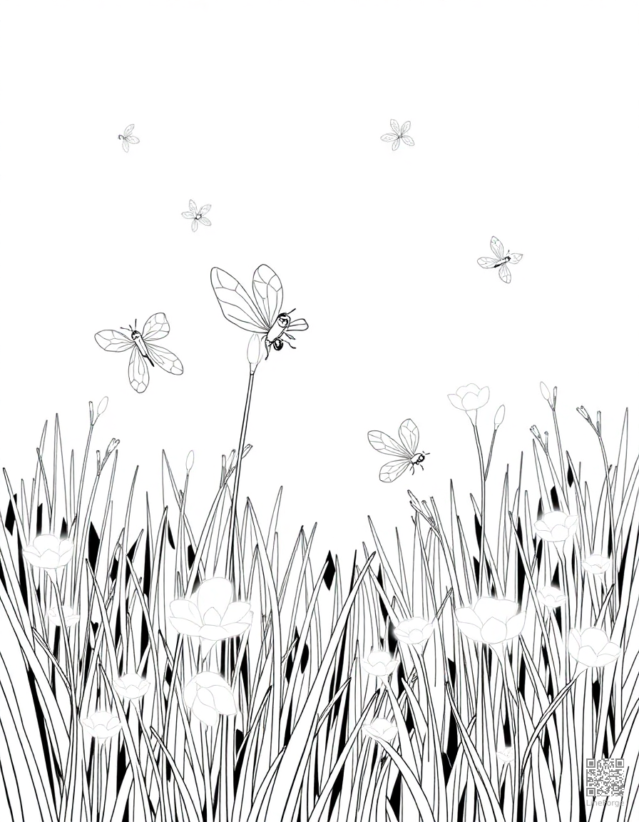 fireflies glowing in a summer meadow coloring page Manga style - free printable