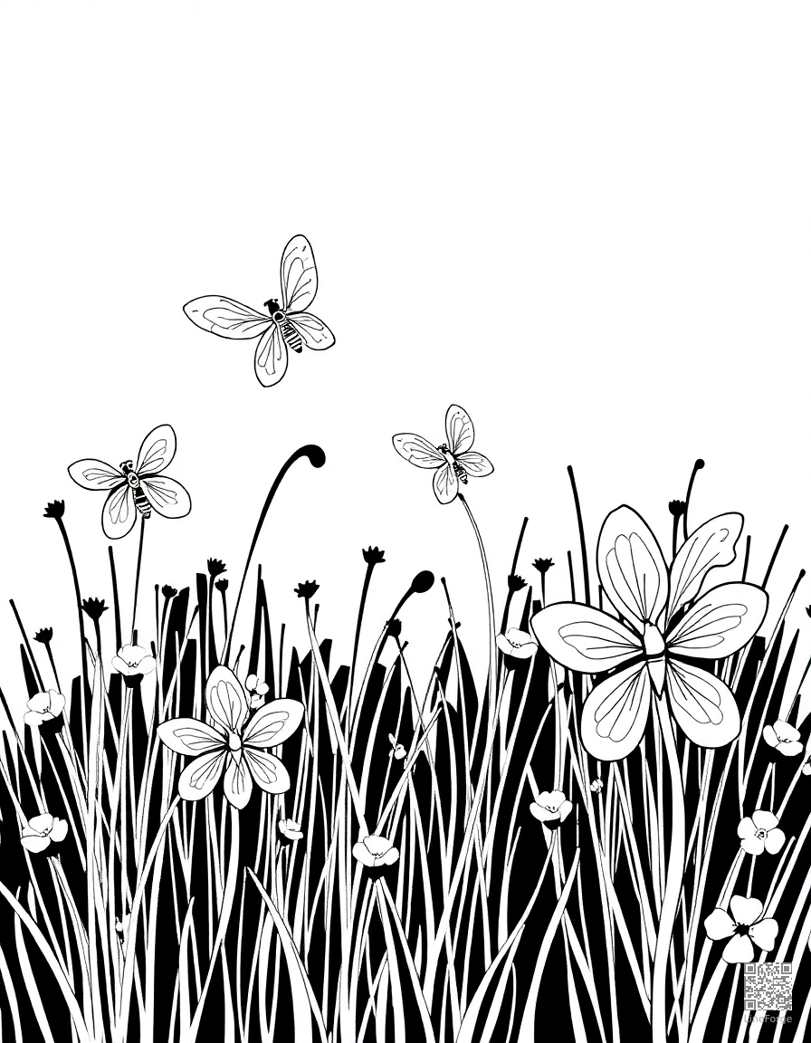 fireflies glowing in a summer meadow coloring page Woodcut style - free printable