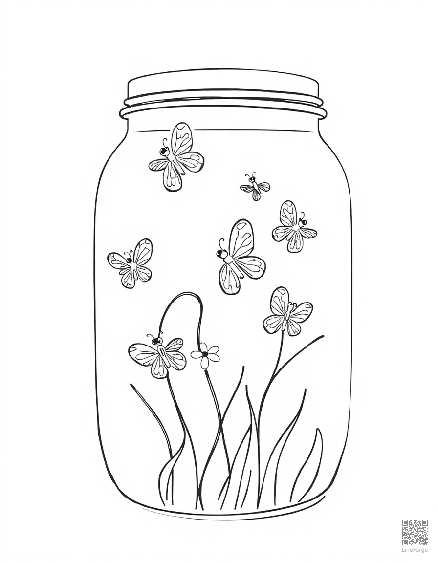 fireflies in a jar on a summer night coloring page Contour style - free printable