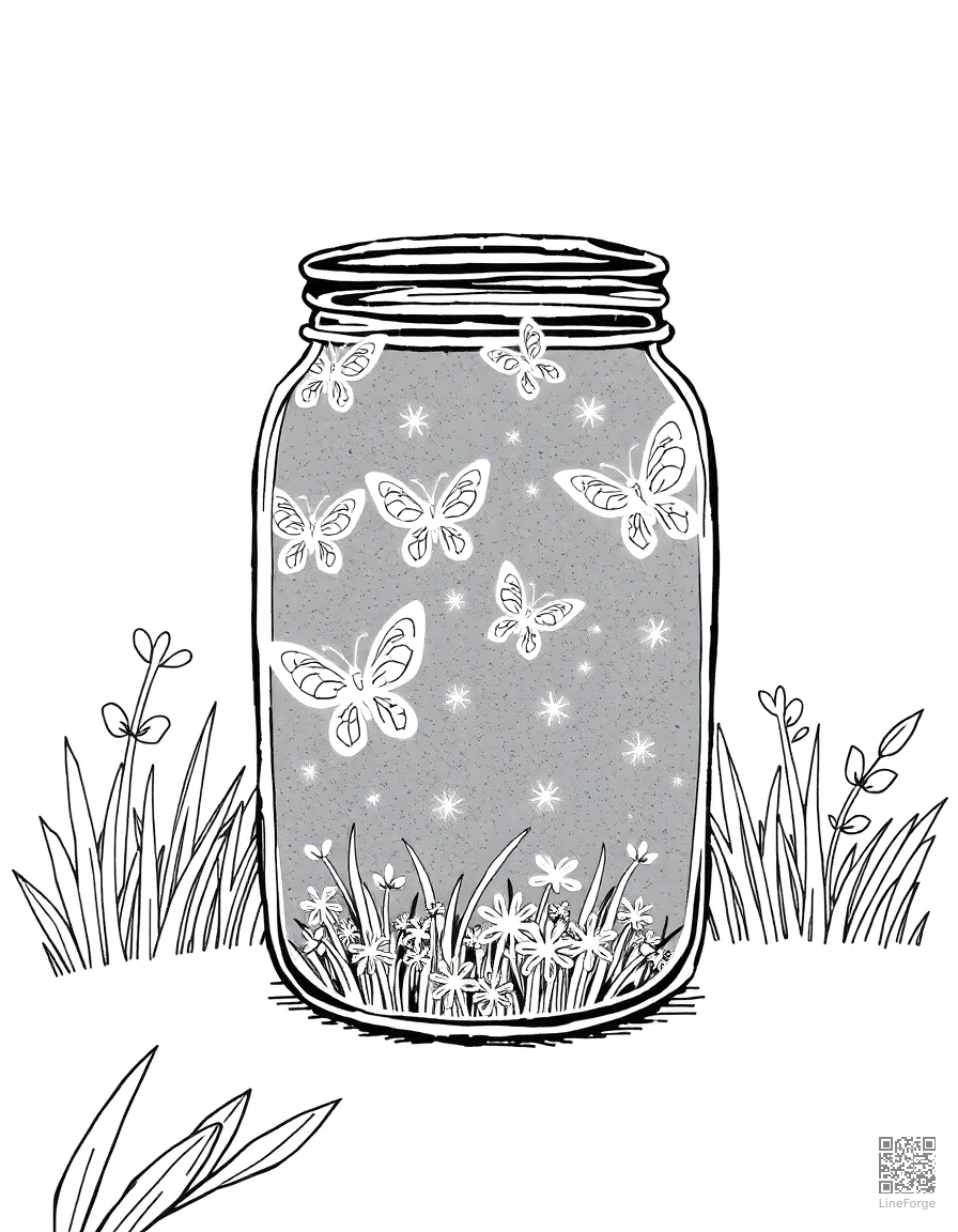 fireflies in a jar on a summer night coloring page Crosshatch style - free printable