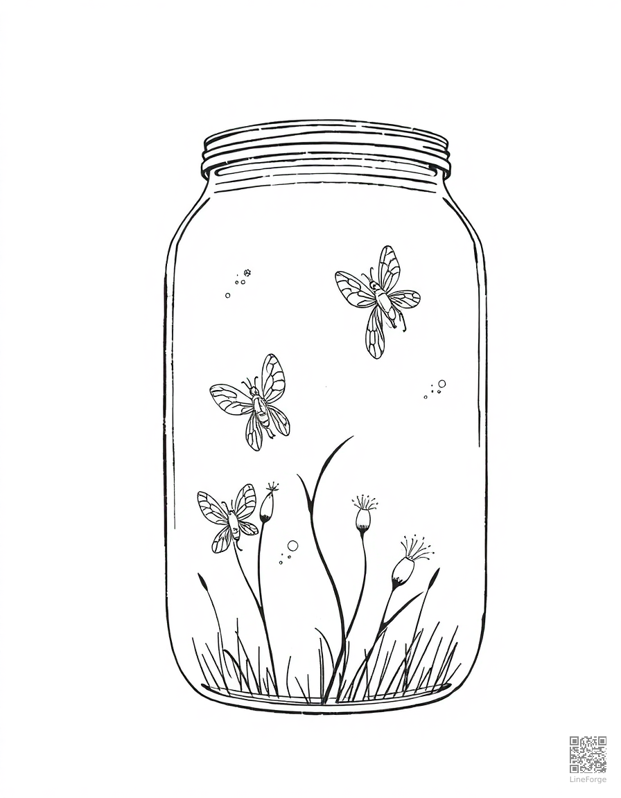 fireflies in a jar on a summer night coloring page Manga style - free printable