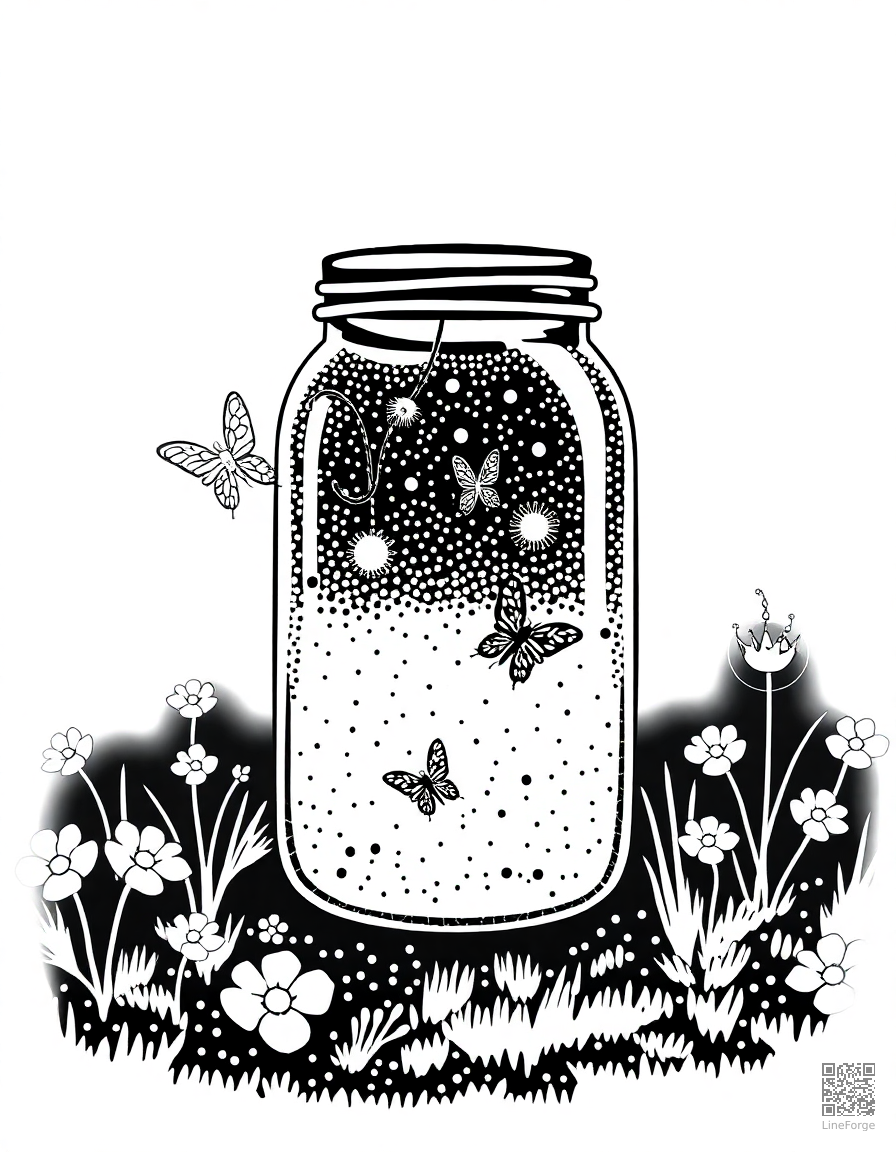 fireflies in a jar on a summer night coloring page Stipple style - free printable