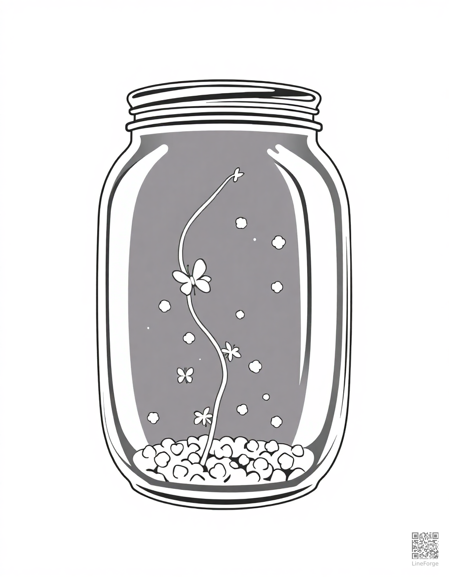 Free firefly jar glowing at night coloring page in contour style — printable line art
