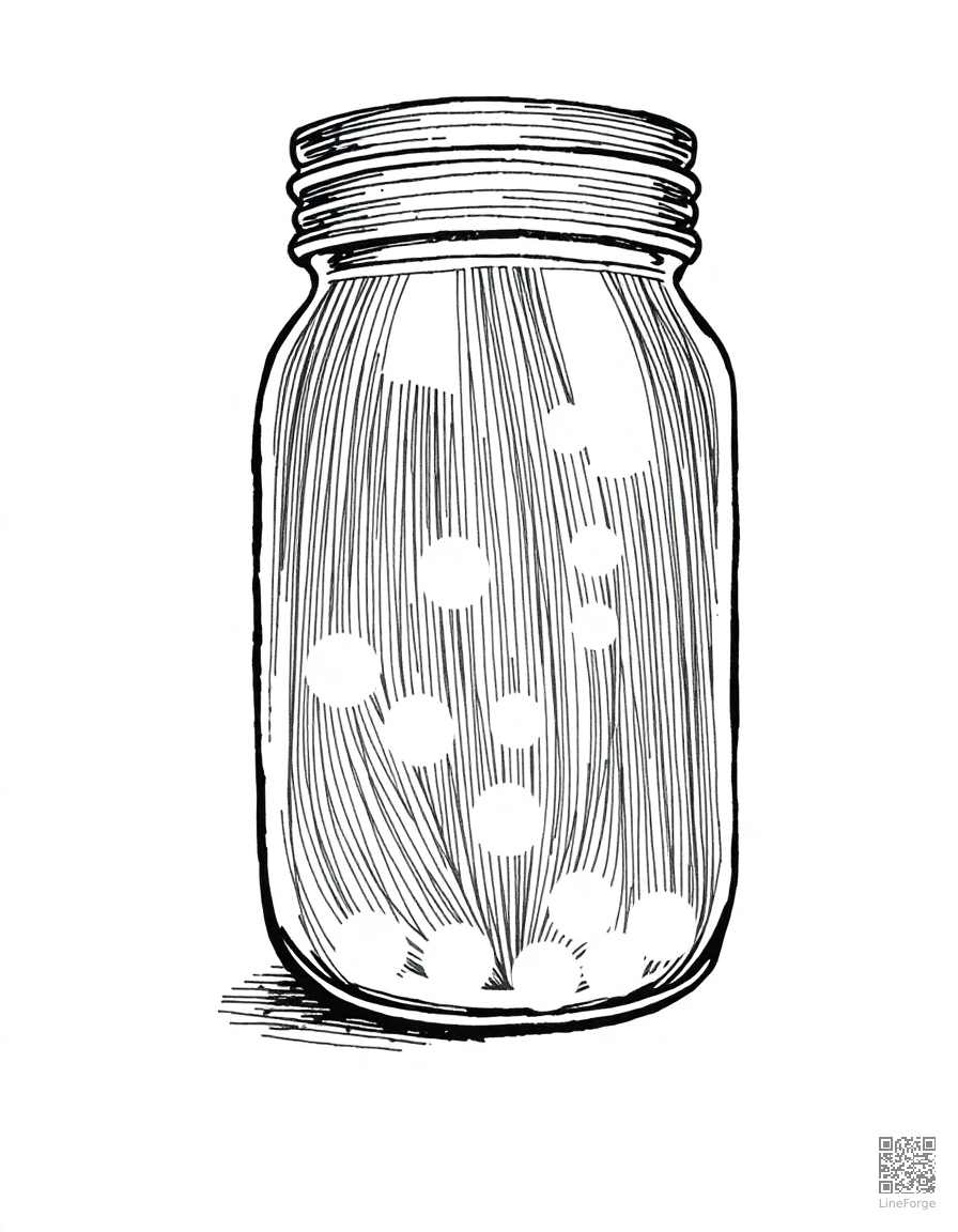Free firefly jar glowing at night coloring page in crosshatch style — printable line art