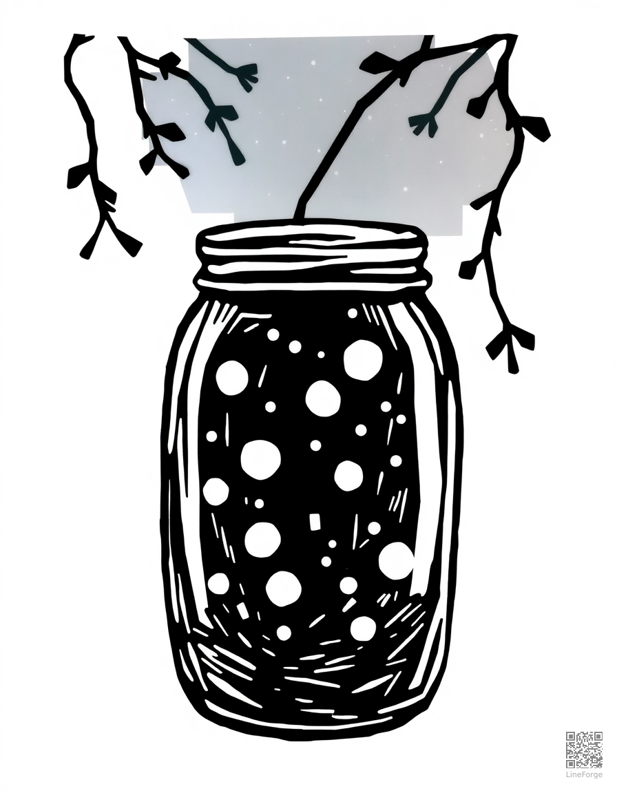 Free firefly jar glowing at night coloring page in woodcut style — printable line art