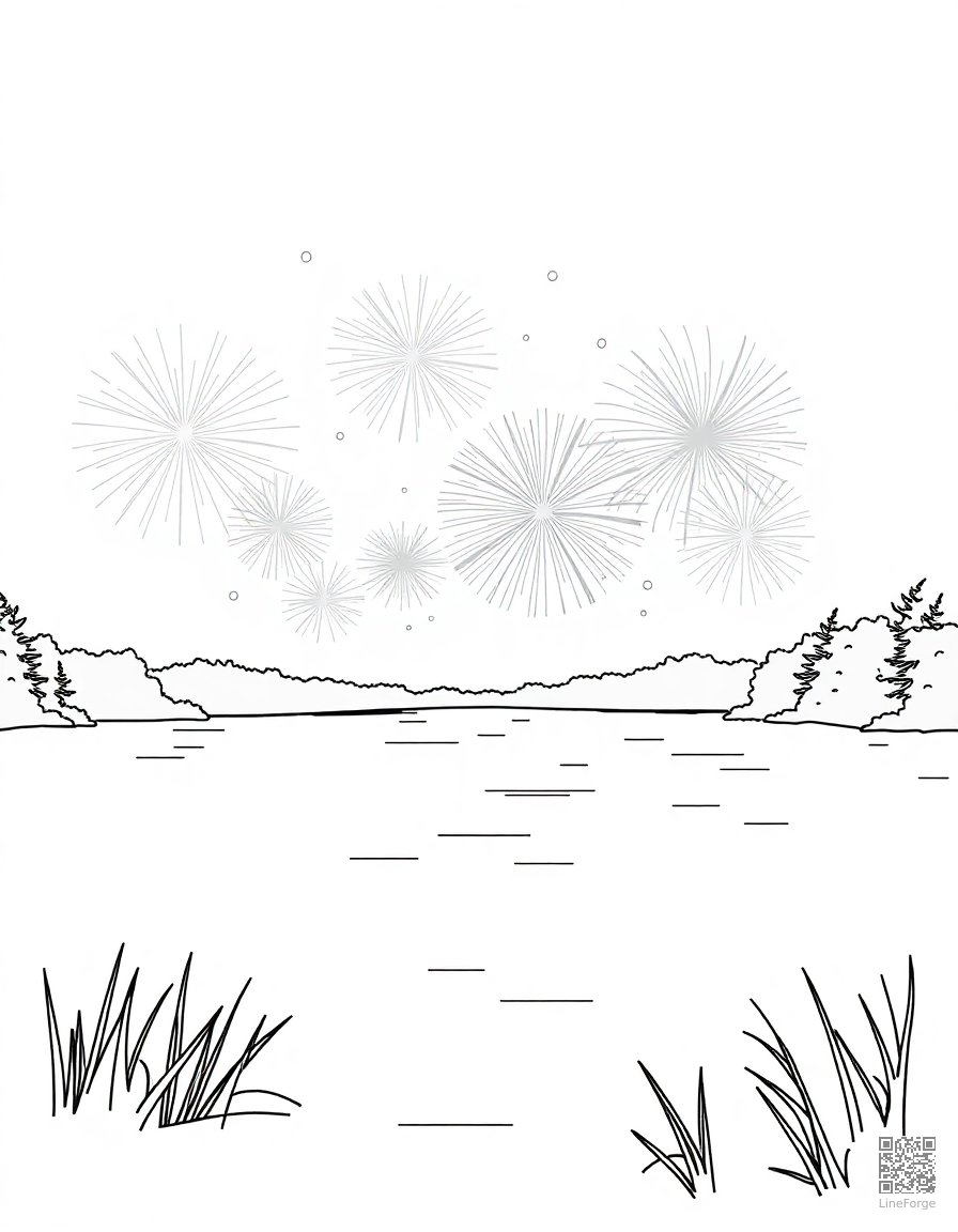 fireworks display over a lake coloring page Contour style - free printable