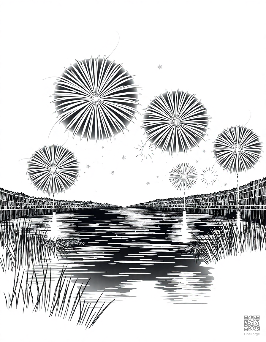 fireworks display over a lake coloring page Crosshatch style - free printable