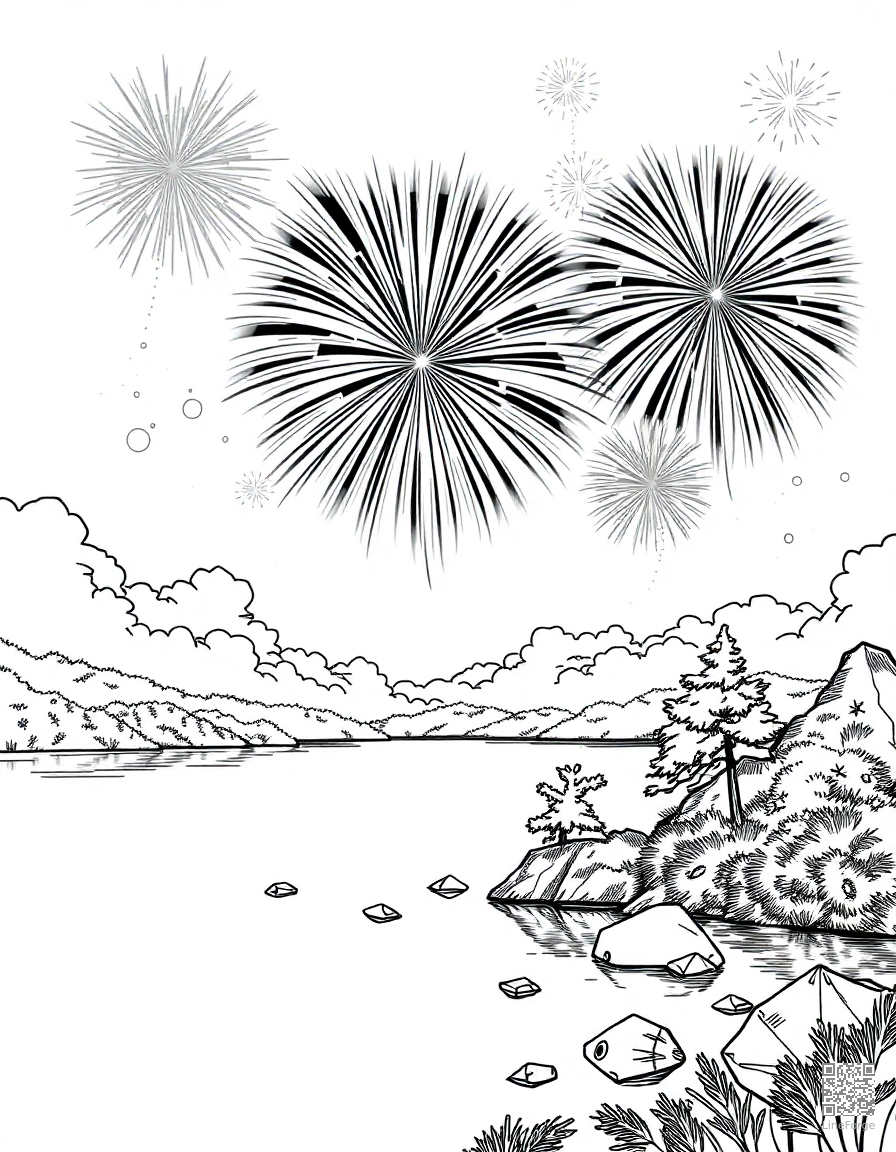 fireworks display over a lake coloring page Manga style - free printable