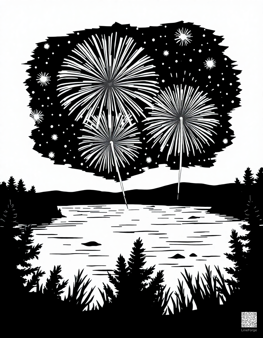 fireworks display over a lake coloring page Woodcut style - free printable