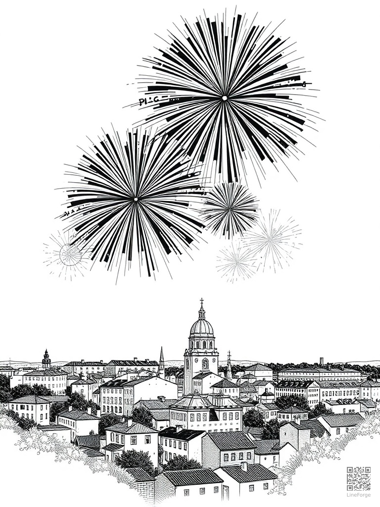 Fireworks display over a town celebration coloring page Crosshatch style - free printable