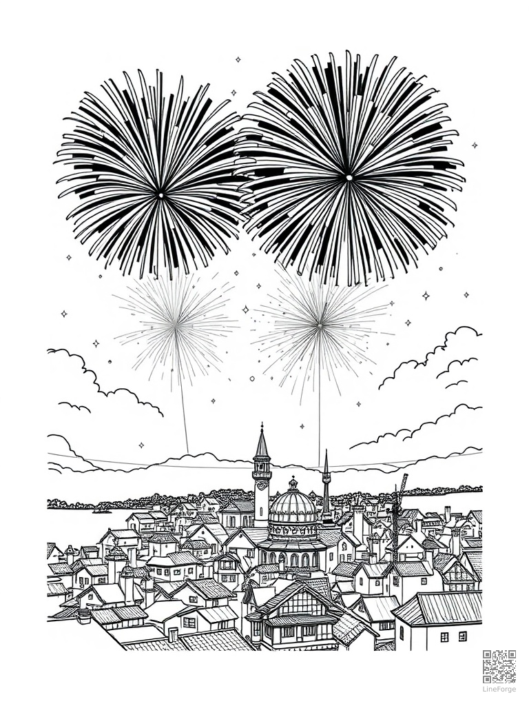 Fireworks display over a town celebration coloring page Manga style - free printable