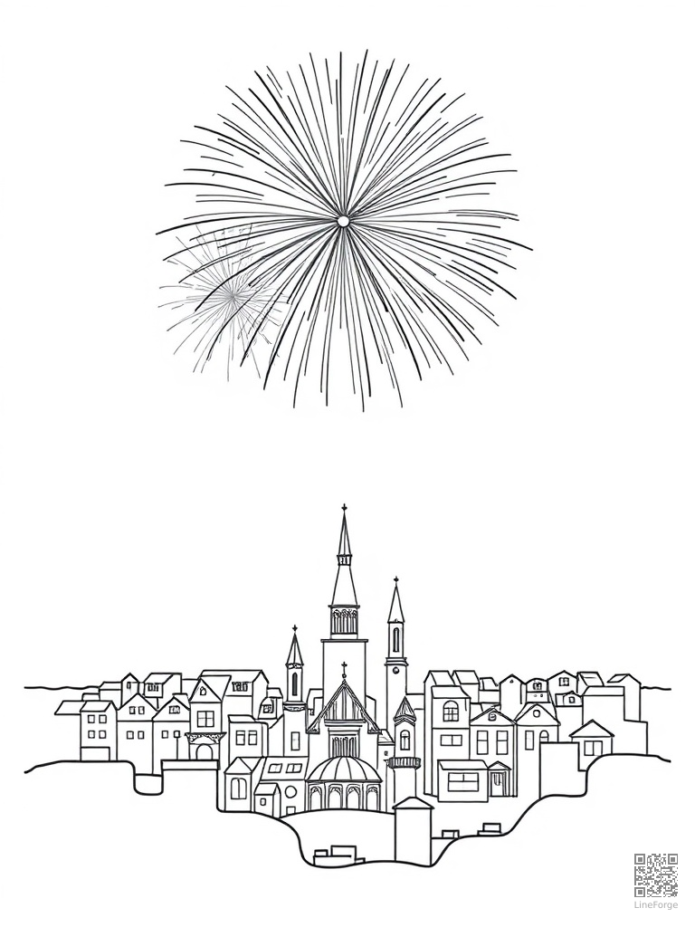 Fireworks display over a town celebration coloring page Minimal style - free printable