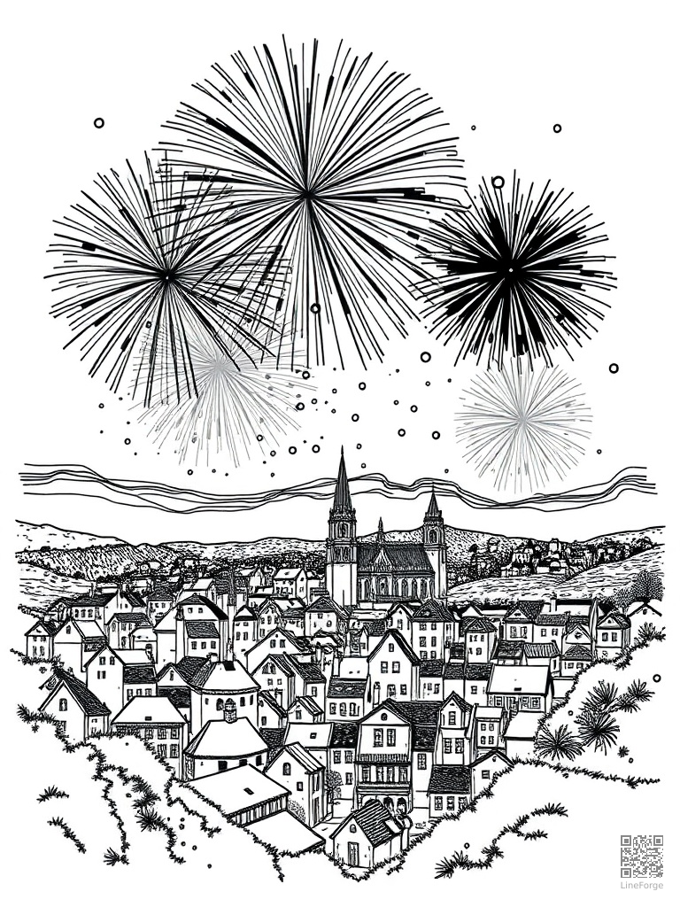 Fireworks display over a town celebration coloring page Woodcut style - free printable