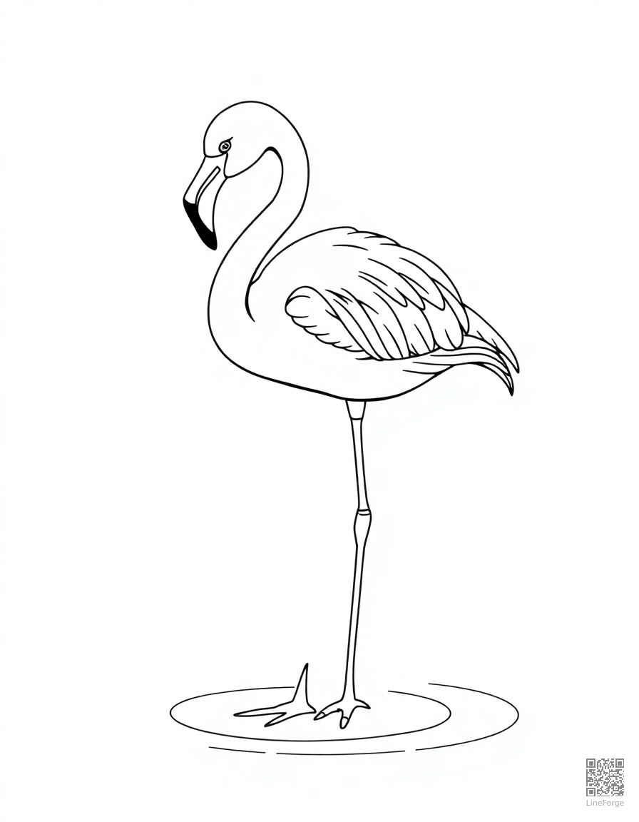 Free flamingo standing in shallow water coloring page in contour style — printable line art