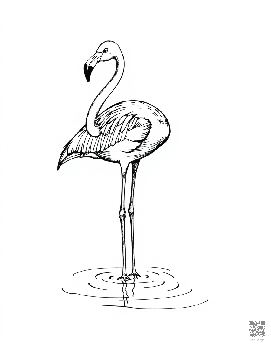 Free flamingo standing in shallow water coloring page in crosshatch style — printable line art