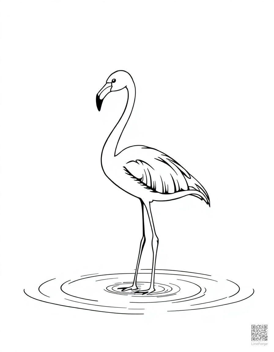 Free flamingo standing in shallow water coloring page in manga style — printable line art