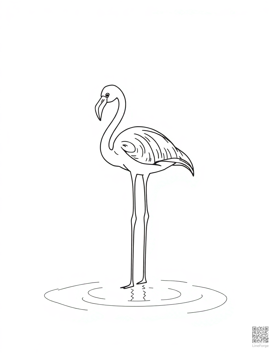 Free flamingo standing in shallow water coloring page in minimal style — printable line art