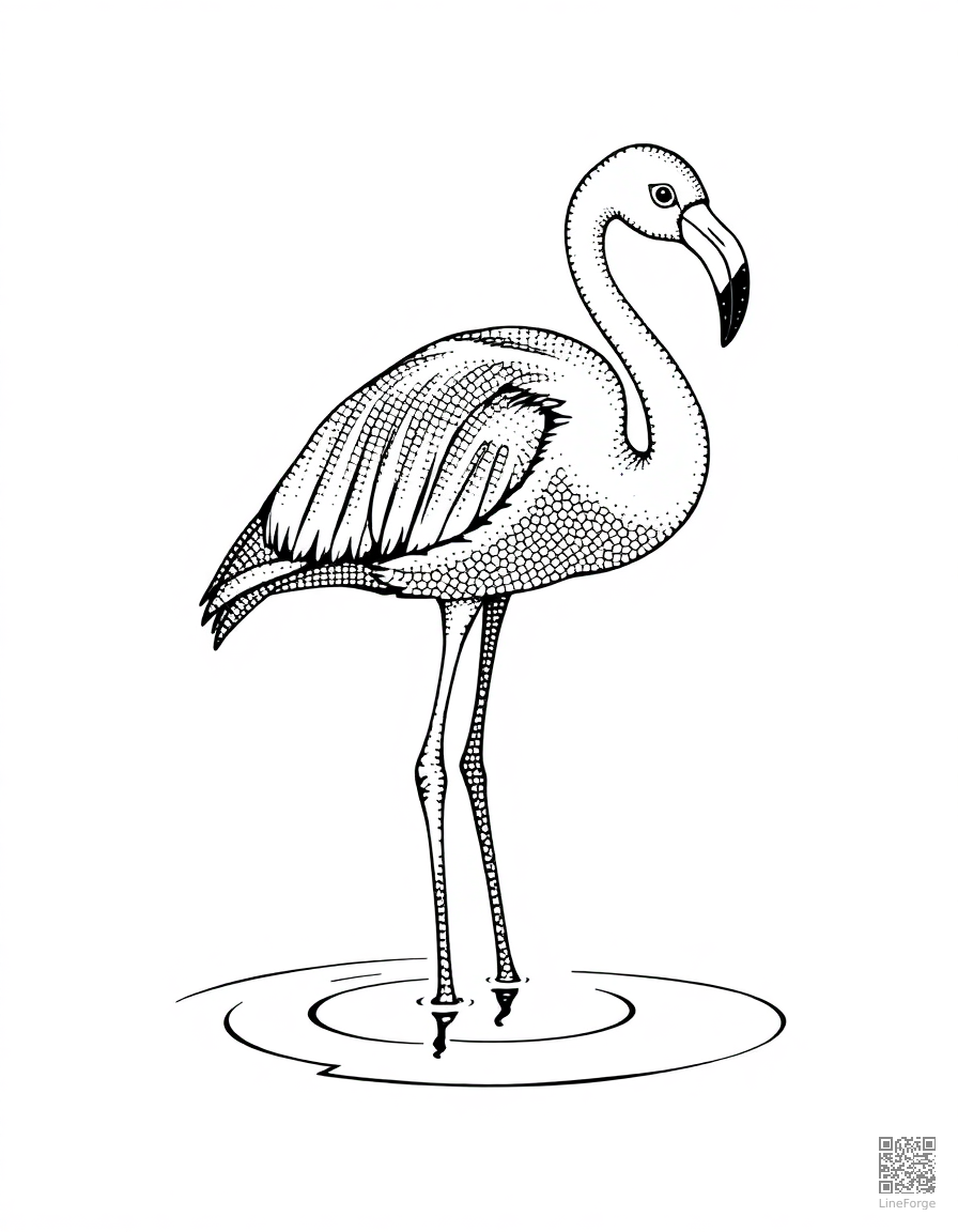 Free flamingo standing in shallow water coloring page in stipple style — printable line art