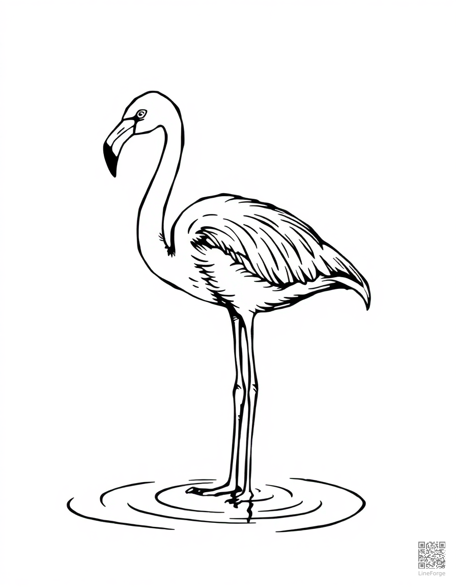 Free flamingo standing in shallow water coloring page in woodcut style — printable line art