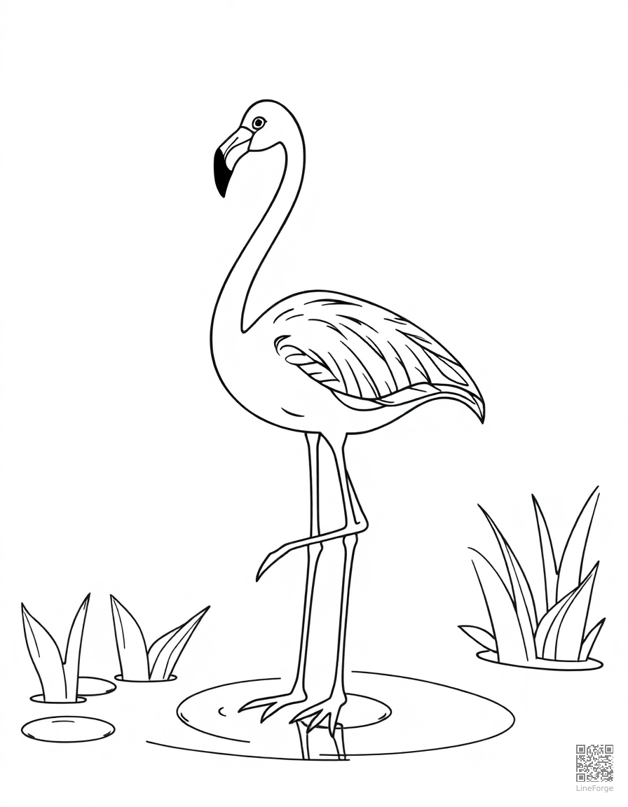 flamingo standing on one leg in a pond coloring page Contour style - free printable
