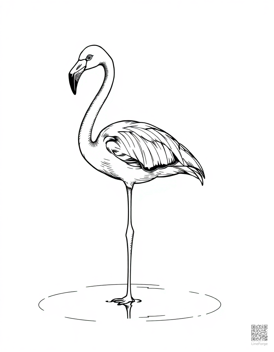 flamingo standing on one leg in a pond coloring page Crosshatch style - free printable