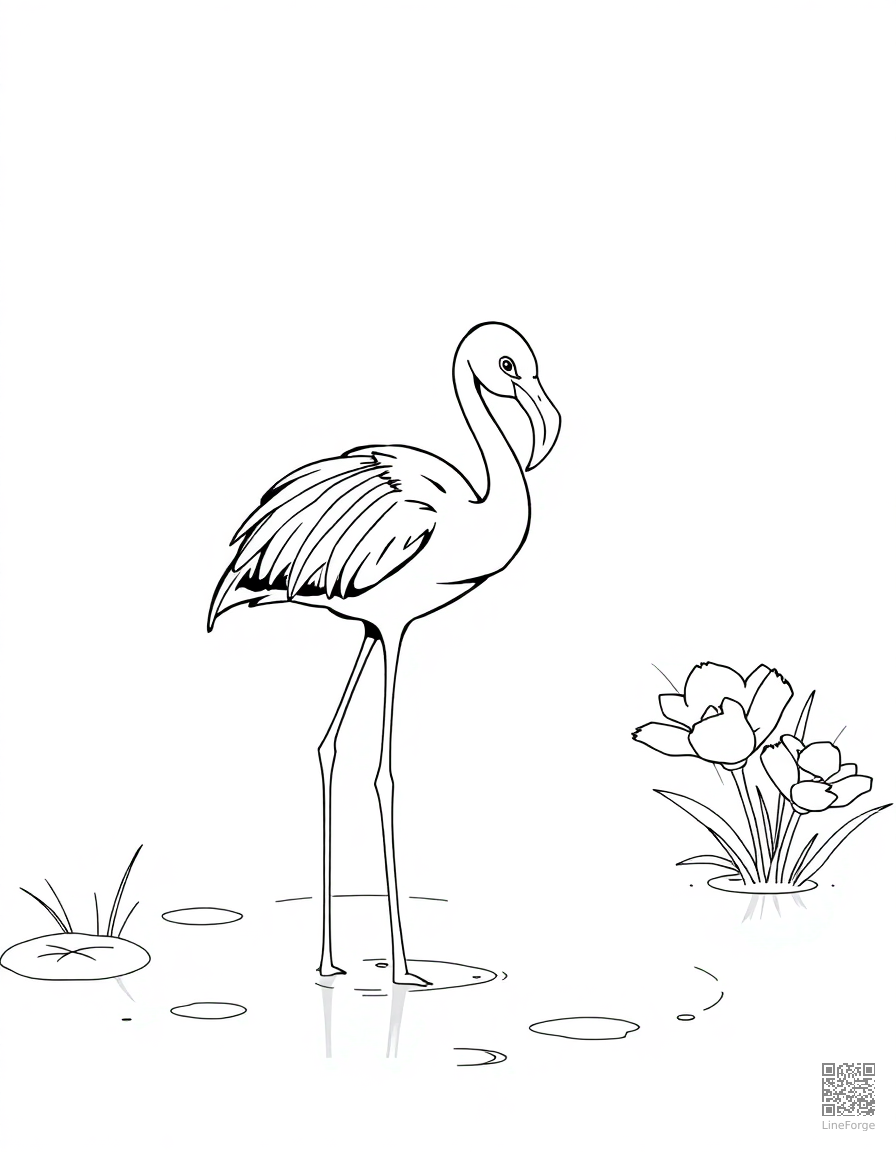 flamingo standing on one leg in a pond coloring page Manga style - free printable