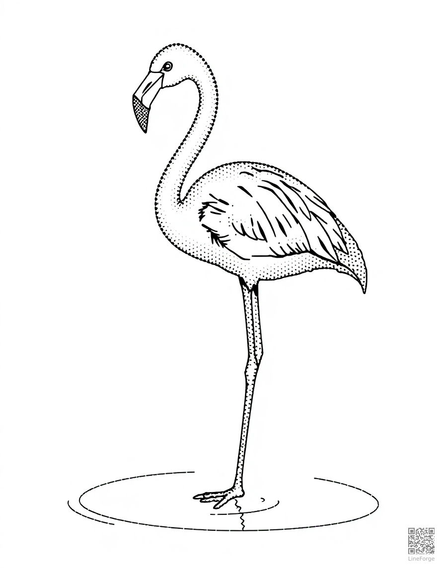 flamingo standing on one leg in a pond coloring page Stipple style - free printable